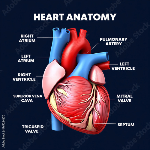 Detailed illustration of human heart anatomy with labeled parts