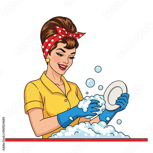 Retro Woman Washing Dishes with Bubbles, Pop Art Style