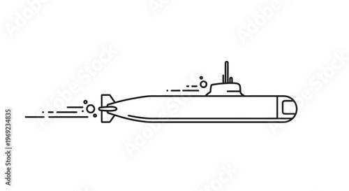 Sleek monochromatic line illustration depicting a modern submarine silently navigating the ocean
