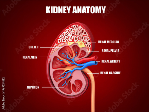Detailed illustration of human kidney anatomy with labeled parts