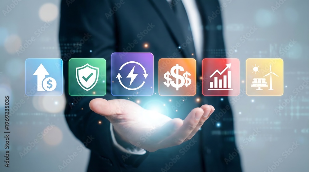 Obraz premium A businessman's open palm displays a row of glowing, colorful square icons representing diverse financial growth, energy solutions, and investment concepts, amidst a digital backdrop.