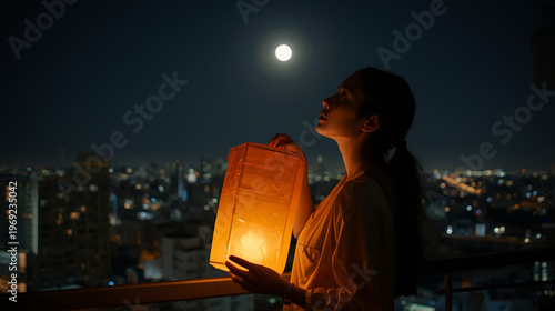 Asian woman holding a glowing paper lantern on a balcony at night while looking up at the full moon over the city.
