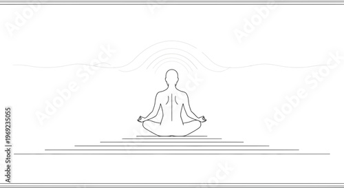 Minimalist outline drawing of a person in lotus pose meditating, radiating serene and focused energy