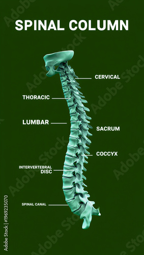 Detailed illustration of human spinal column with labeled parts anatomy