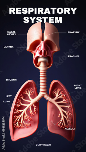 Detailed illustration of human respiratory system with labeled parts