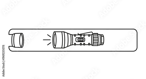Outline illustration of a modern portable handheld electric torch emitting a powerful light beam