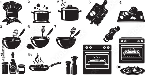 Cooking icons and kitchen utensils for culinary design projects