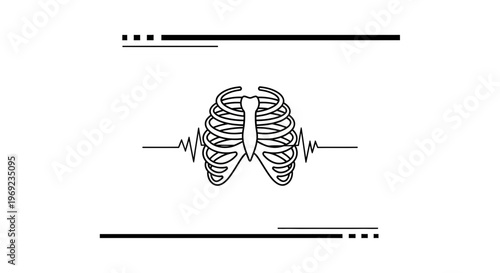 Minimalist Continuous Line Art of Human Rib Cage with Pulsating Heartbeat Rhythm Illustrating