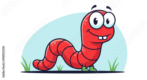 A cartoon red worm smiles while standing on grass with a blue background.