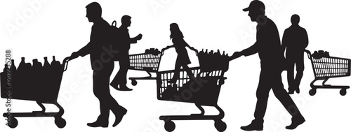 Silhouettes of people shopping with carts and groceries outside