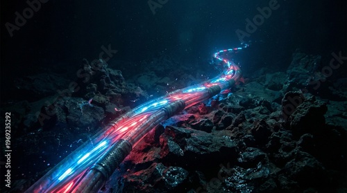 Fotografi Vibrant red and blue glowing data cables traverse a rugged dark deep sea floor i