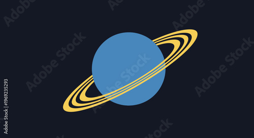 A vibrant blue planet with golden rings orbits through the dark vastness of space.