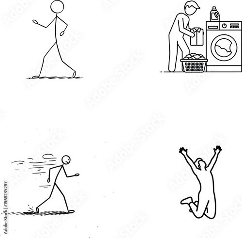 Stick figures in various household situations