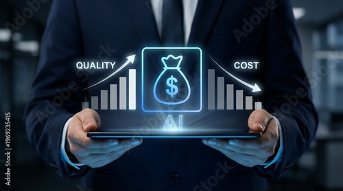 A businessman holds a tablet displaying a central money bag icon with 