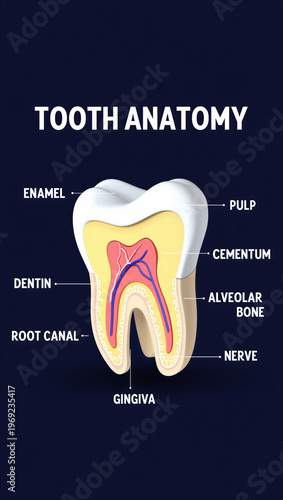 Detailed illustration of human tooth anatomy with labeled parts