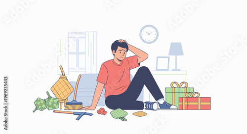 Overwhelmed man surrounded by gifts and clutter.