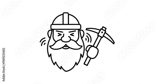 Bearded mining worker with hard hat and pickaxe facing challenging loud noise icon