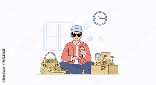 Person Packing Boxes and Basket While Seated.