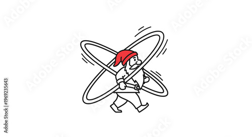 Whimsical line art illustration of a dwarf with dynamic spinning rings, conveying playful motion