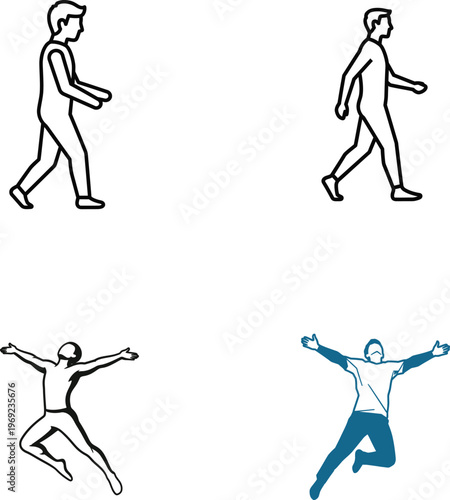 Stick figure drawings of a person in various poses