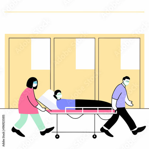 Medical Team Emergency Response in Hospital Corridor. Medical team rushing patient on gurney through bright hospital corridor in emergency response
