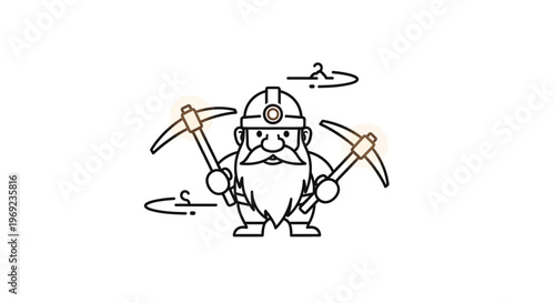 A Line Art Illustration of a Diligent Bearded Miner Holding Two Pickaxes Ready for Work
