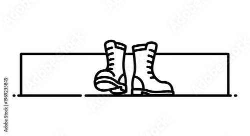 Stylized black and white outline icon presenting a pair of rugged boots firmly placed on a