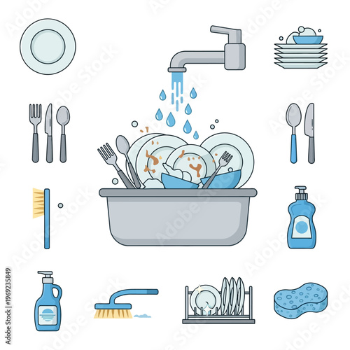 Washing Dishes Icon Set: Sink, Faucet, Soap, Sponge, Brush, Rack, Plates, Cutlery