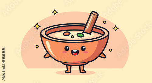 Cute smiling bowl character with a spoon.