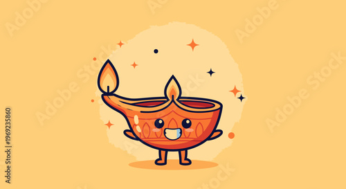 Cute smiling diya lamp with friendly flame character.
