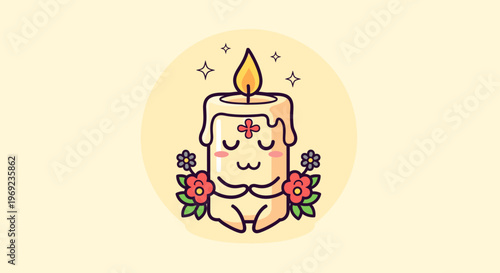 Cute smiling candle with flowers and flame.