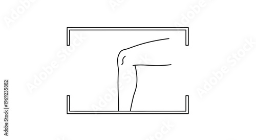 Minimalist line art rendering of a human knee and upper leg within an open frame structure for