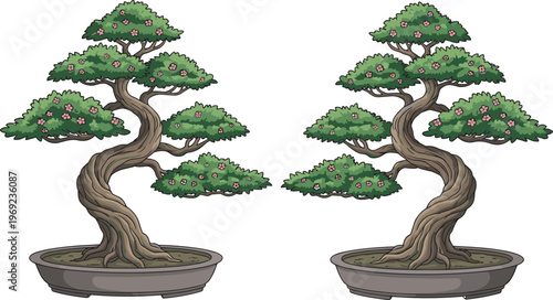 Cad drawing flat vector illustration of Japanese bonsai trees with pink flowers in ceramic pots isolated on white background for nature design projects.