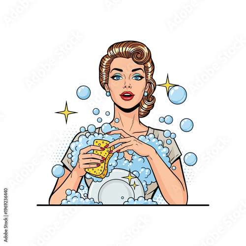 1950s Housewife Washing Dishes, Pop Art Style, Bubbles and Sparkle