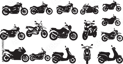 Collection of various motorcycle and scooter silhouettes on white