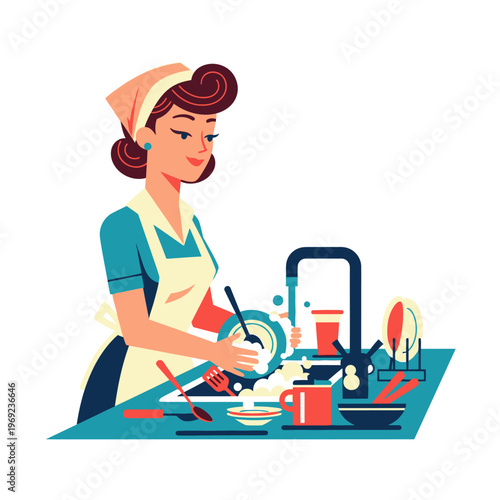 Retro Woman Washing Dishes at Kitchen Sink, Vintage Homemaker Cleaning Plates