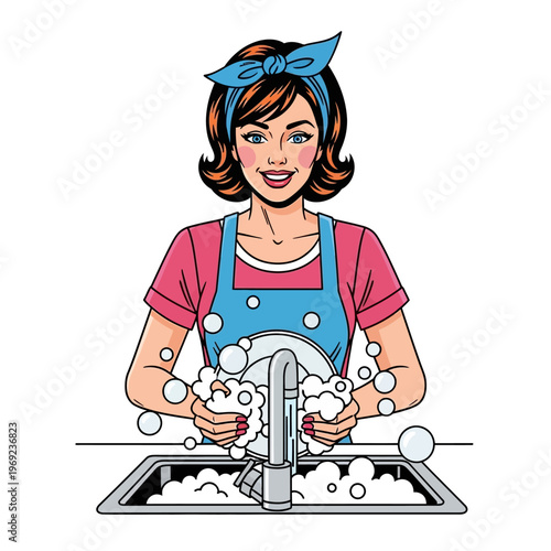 Retro Woman Washing Dishes in Kitchen Sink with Soap Suds