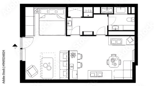 Floor plan illustration of a modern apartment layout with a living area and bedroom