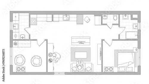 Modern apartment floor plan with open living space and two bedrooms