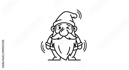Playful winking gnome character with a distinctive beard in simple line art illustration style