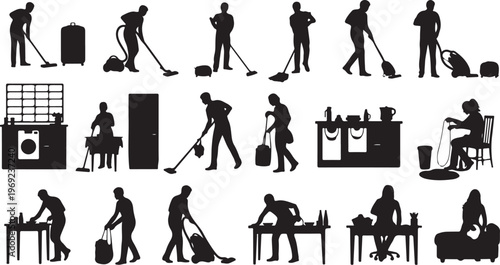 Silhouette of people cleaning and doing household chores daily