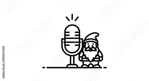 Charming gnome character broadcasting into a retro microphone with radiating sound waves line art