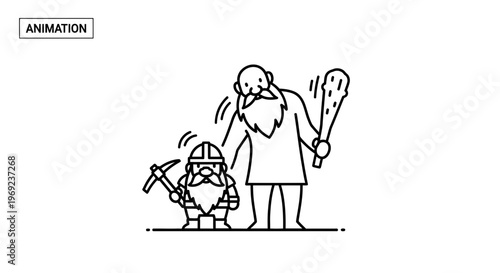 Animated line illustration portraying a tall protector figure with a club and a small