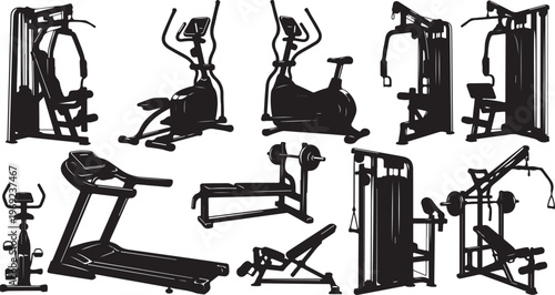 Various types of gym equipment for exercise and fitness training