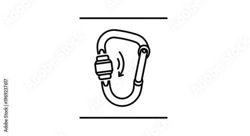 Line art illustration of a locking carabiner displaying a secure twist mechanism for various