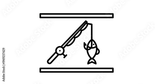 Minimalist line art illustration of a fishing rod with a hooked fish, representing the hobby of