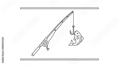 Minimalist line art illustration depicting a fishing rod with a hooked fish, symbolizing angling