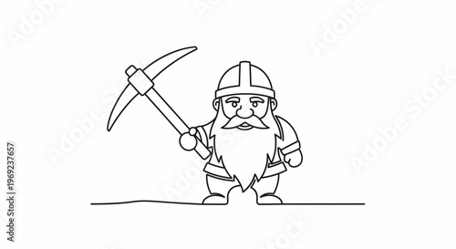 Single continuous line drawing of a cheerful bearded dwarf miner with a pickaxe illustration for