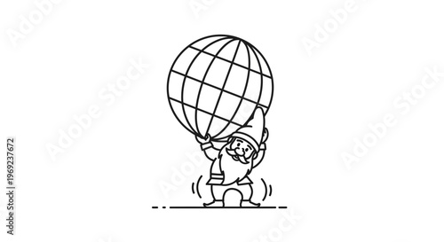 A small bearded character playfully carries a large grid-patterned globe on its shoulders