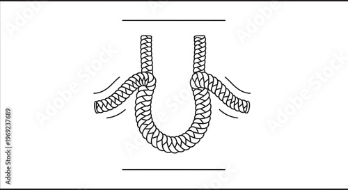 Black and white vector illustration of a fundamental rope knotting technique for practical